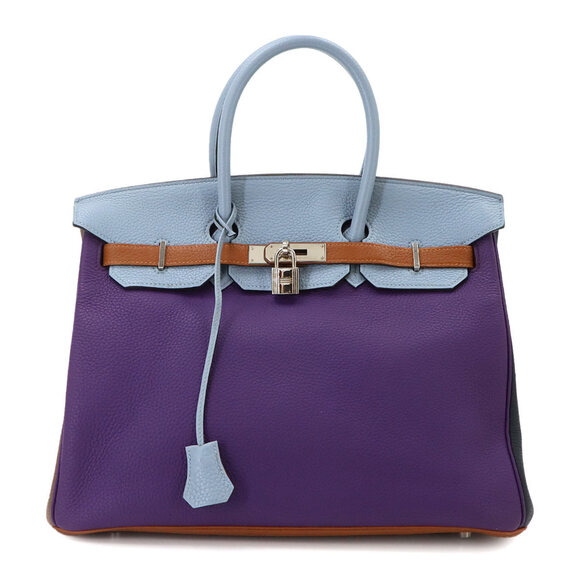 HERMES Handbags - Birkin 35 Arlequin Hermes HERMES Taurillon Clemence Ultraviolet Blue Lin Hand...